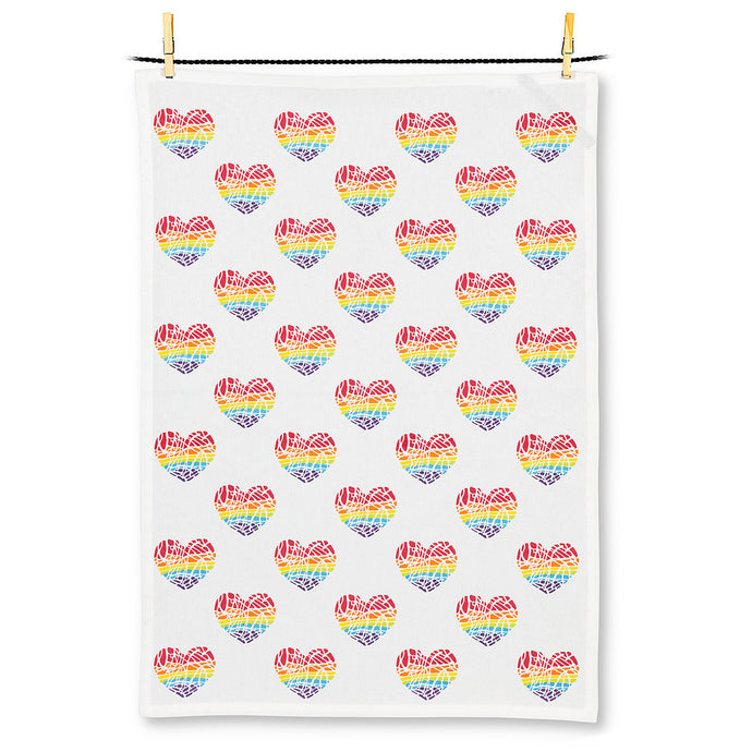 colour illustraion of several rainbow coloured hearts on white tea towel