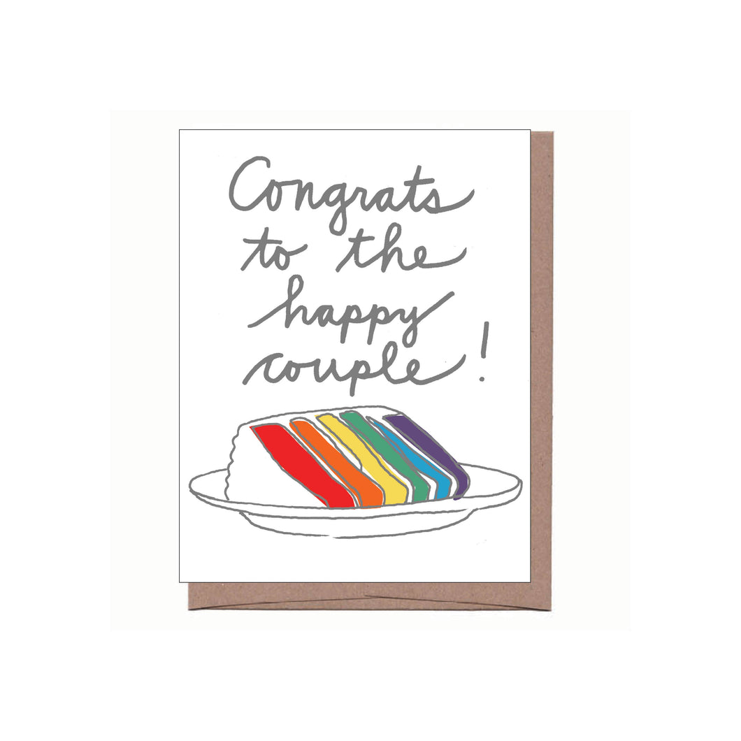 an illustration of a piece of cake that is layered in colours of the rainbow on a plate with script that says congrats to the happy couple exclamation mark. on a white background showing a kraft envelope 