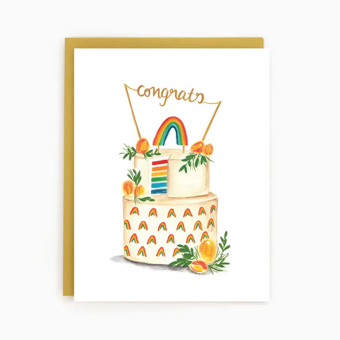 colour illustration of a greeting card with a wedding cake that has rainbow icing layers and rainbows on it. text congrats 