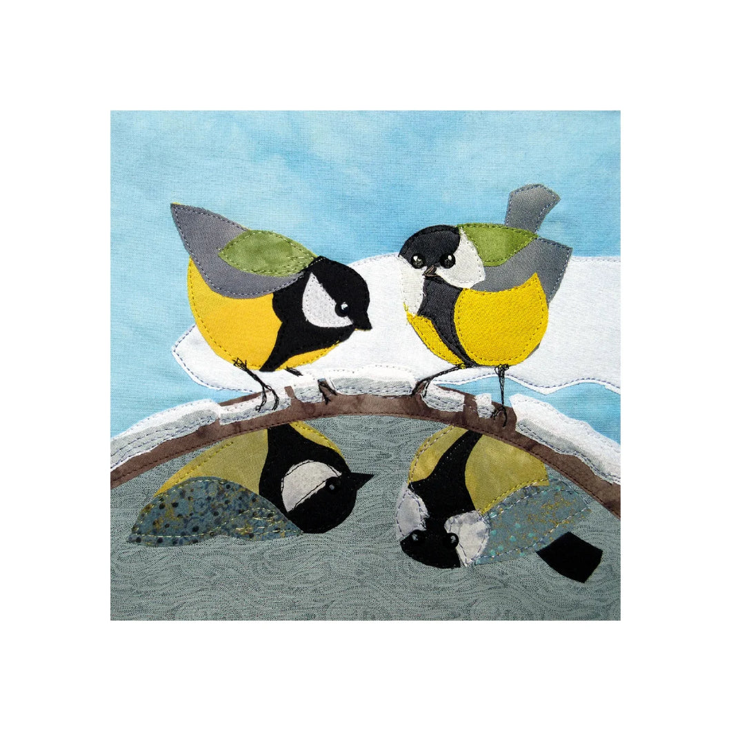 coour illustration of two small birds with bright yellow breasts looking into what appears to be a frozen bird bath and they can see their reflections. no text 