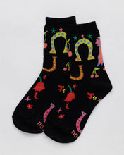 Load image into Gallery viewer, a pair of black coloured baggu socks with colourful horseshoes and cherries on them
