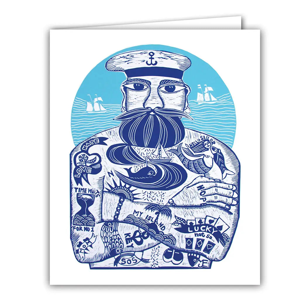 a greeting card with an illustration of a sailer in a hat and beard no shirt covered in tattoos primary colours are blu 