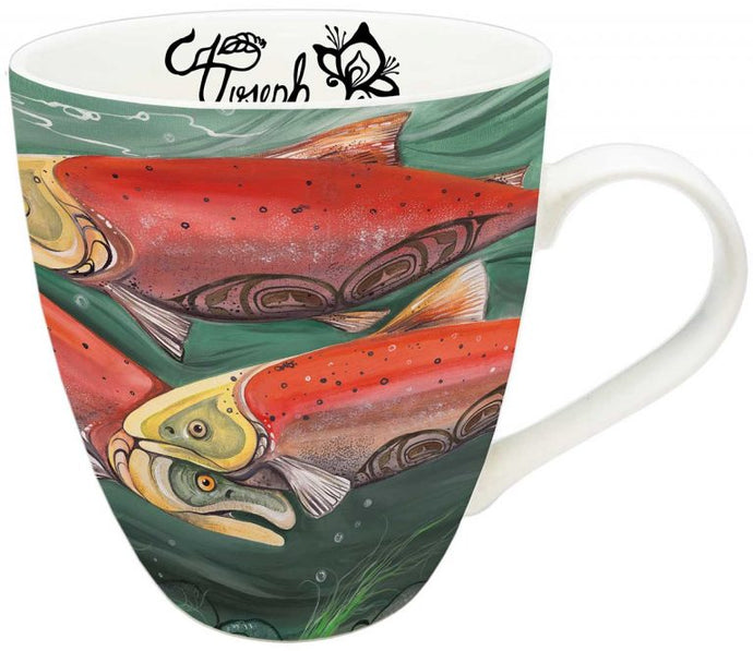 a mug depicting Indigenous art with a painting of three colourful salmon fish 