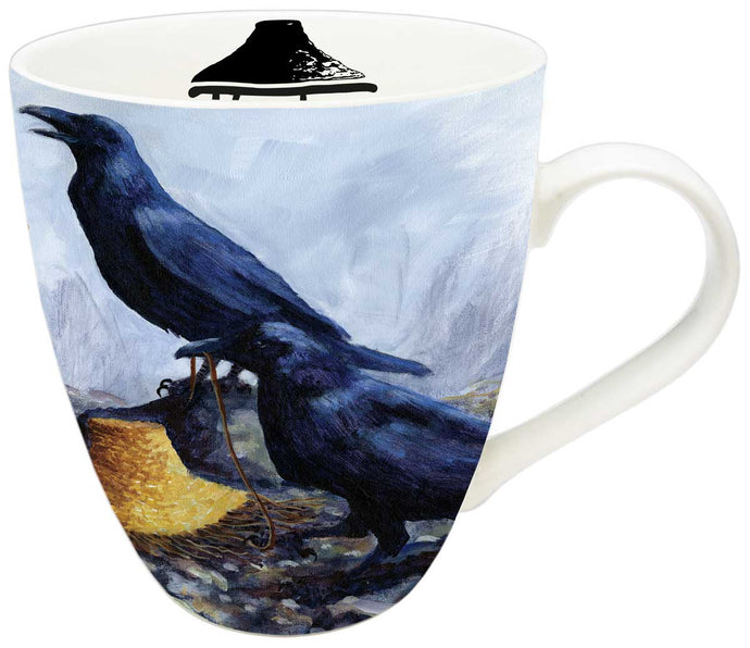 a mug featuring an Indigenous art design of two black crows 