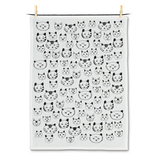 Load image into Gallery viewer, black ink illustration of all sorts of cat faces on white tea towel
