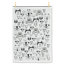 Load image into Gallery viewer, an illustration in black of all sorts of dogs faces on a white tea towel
