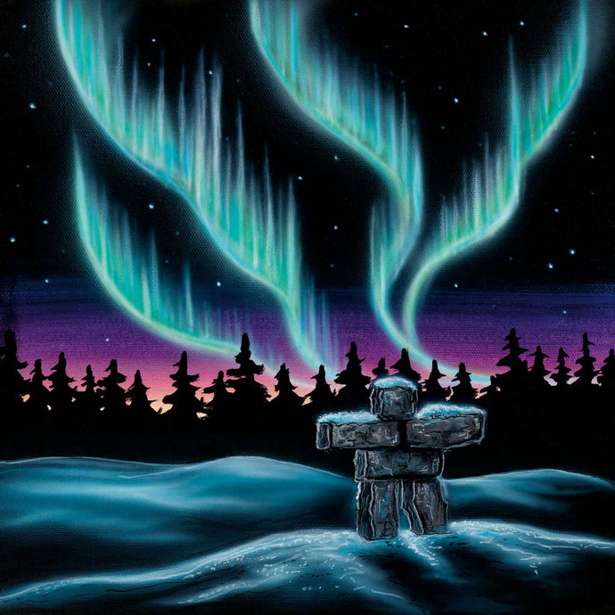 paper napkins with Indigenous design of northern lights and Inukshuk