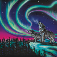 Load image into Gallery viewer, paper napkins with Indigenous design of northern lights and two howling wolves 
