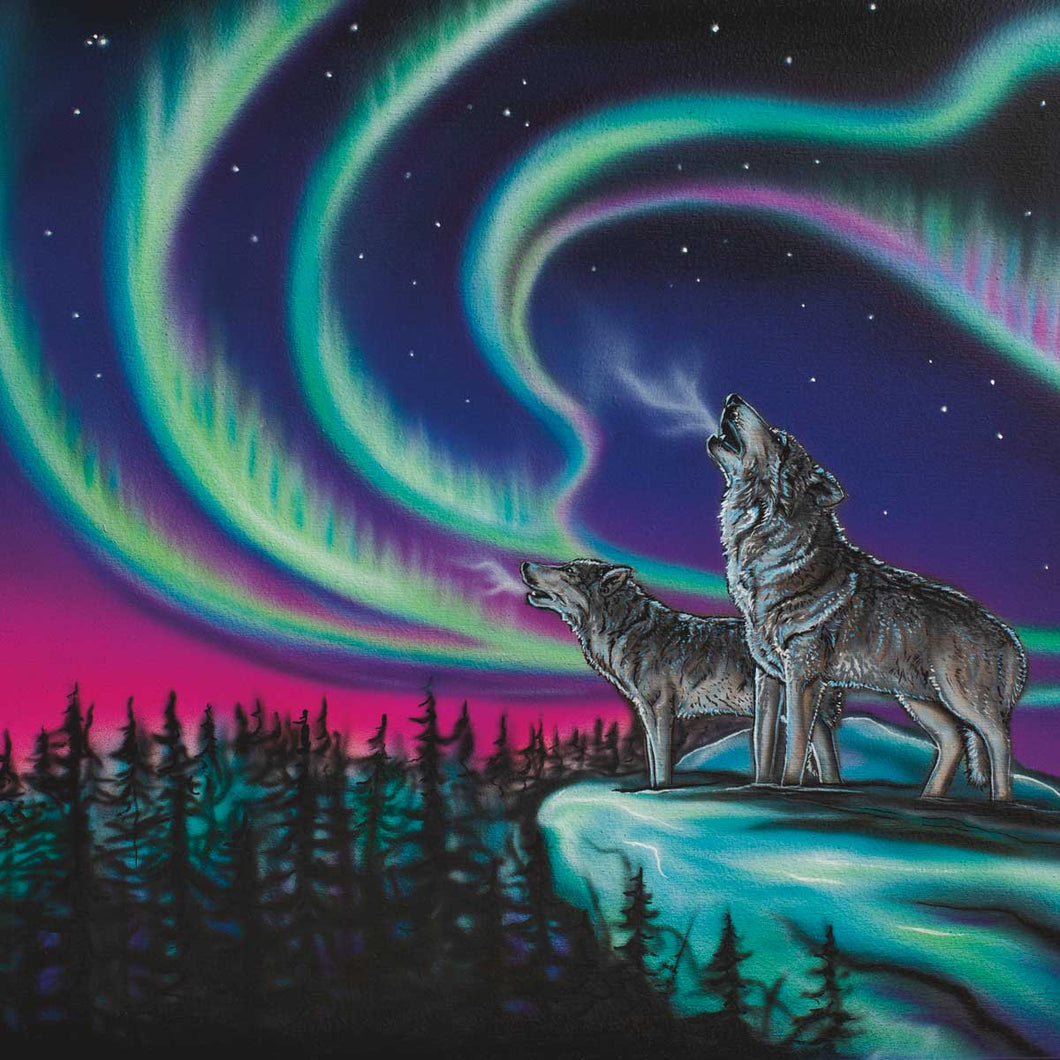 paper napkins with Indigenous design of northern lights and two howling wolves 
