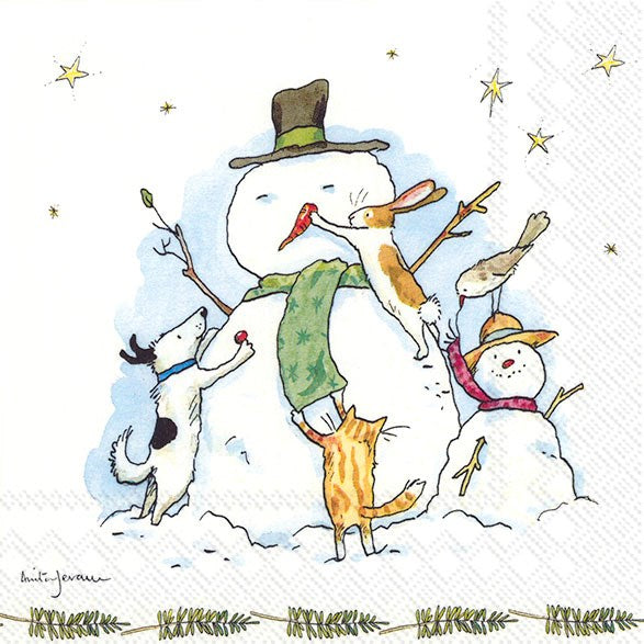 a paper napkin with cute picture of snowman being put together by a dog cat and bird 