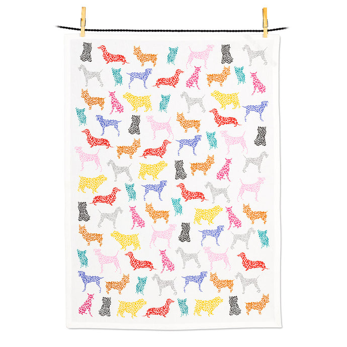 a white tea towel covered in speckled colouful dogs 