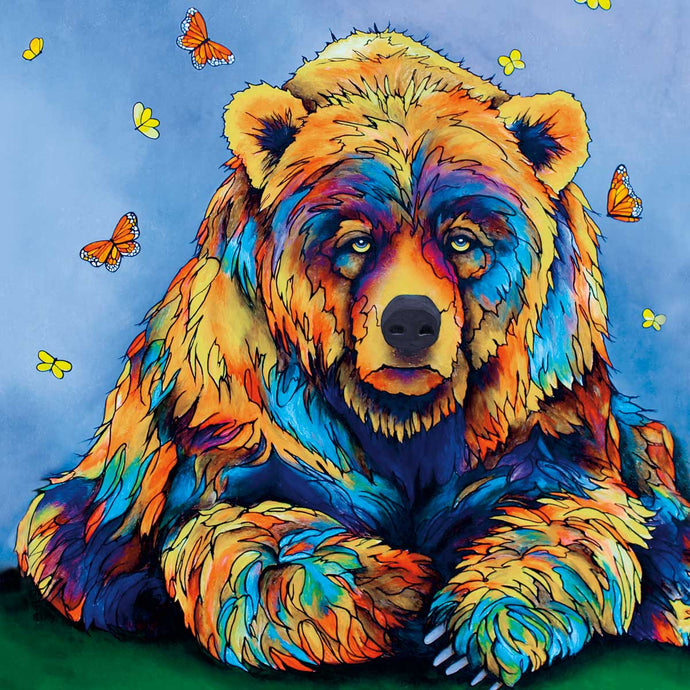 colourful picture of a grizzly bear with butterflies all around  on a napkins 