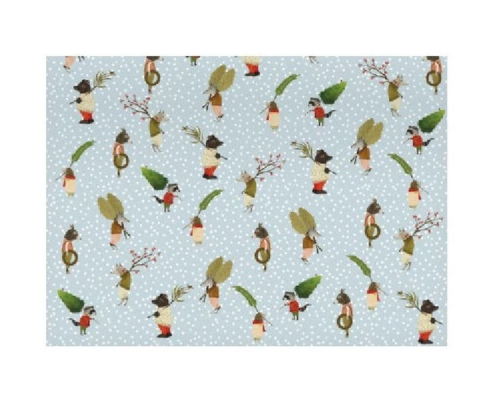 a flat sheet of holiday Christmas wrap with adorable woodland animals holding little trees and branches 