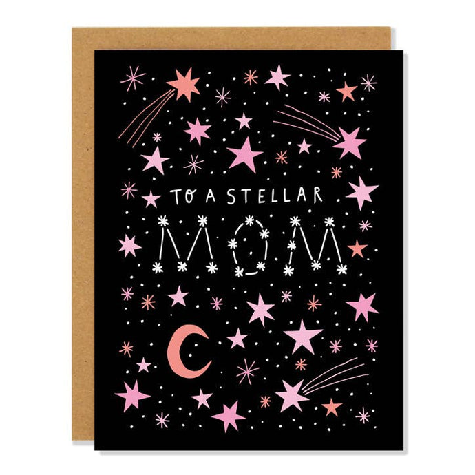 illustration of the galaxy with pink stars and moon on black background . greeting card text . to a stellar mom
