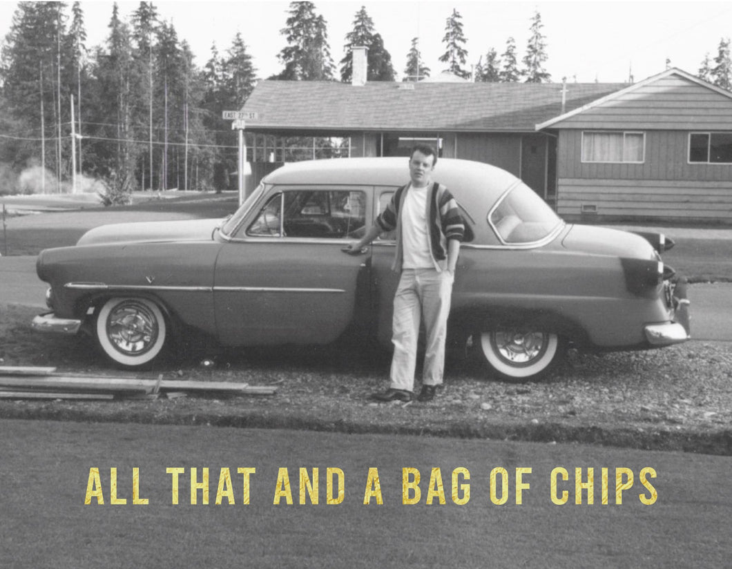 a black and white phot of a young man standing in front of a car, 1950's in front of a house, all that and a bag of chips in gold lettering at the bottom
