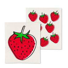 Load image into Gallery viewer, colour illustration of a bright red strawberry with a second picture of multiple strawberries 
