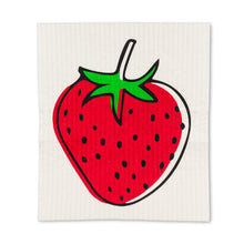 Load image into Gallery viewer, colourful bright red strawberry on a Swedish dish cloth with white background 
