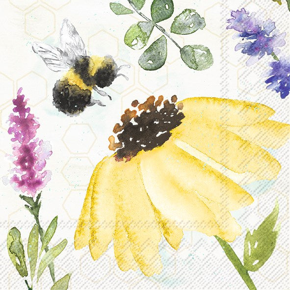 colour illustration of a bumble on a large yellow black eyed Susan flower with smaller flowers in the backdrop on a napkin