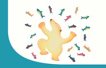 画像をギャラリービューアに読み込む, a greeting card depicting a dancing polar bear surrounded by arctic fish. in Inuit style art 

