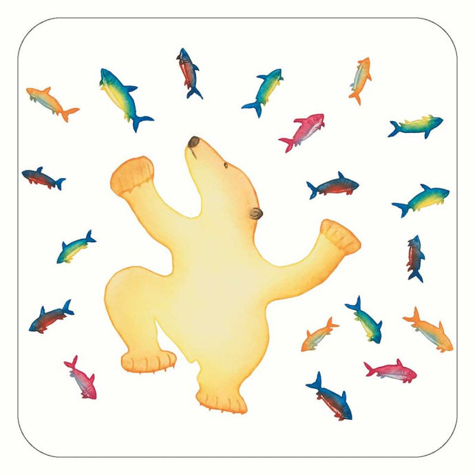 a coaster depicting a polar bear and many various fish surrounding it 
