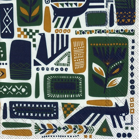 green and navy designs with a fox and leaves and shapes on a paper napkin