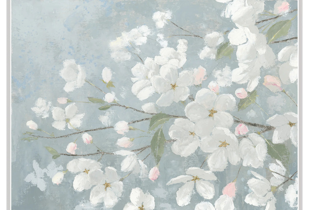 a greeting card with white flowers on a grey background