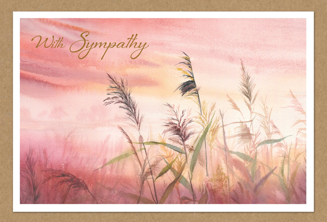 a greeting card with images of tall grasses on the prairie with text, with sympathy