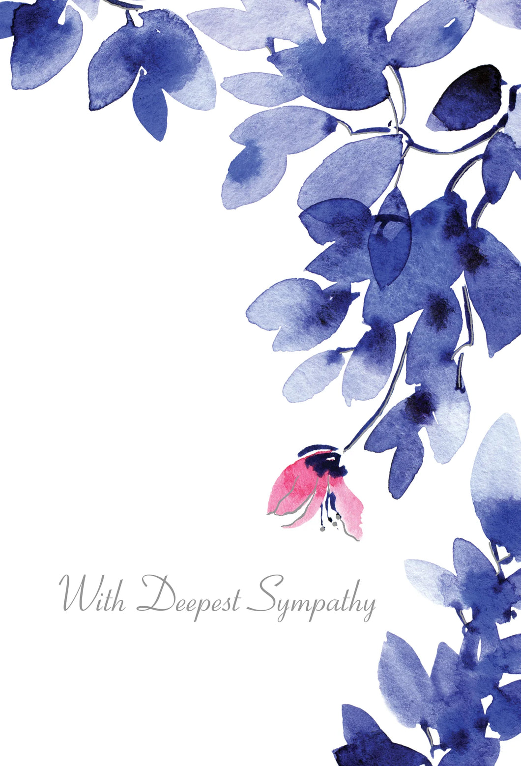 a greeting card with water colour bluu flowers and text. with deepest sympathy 