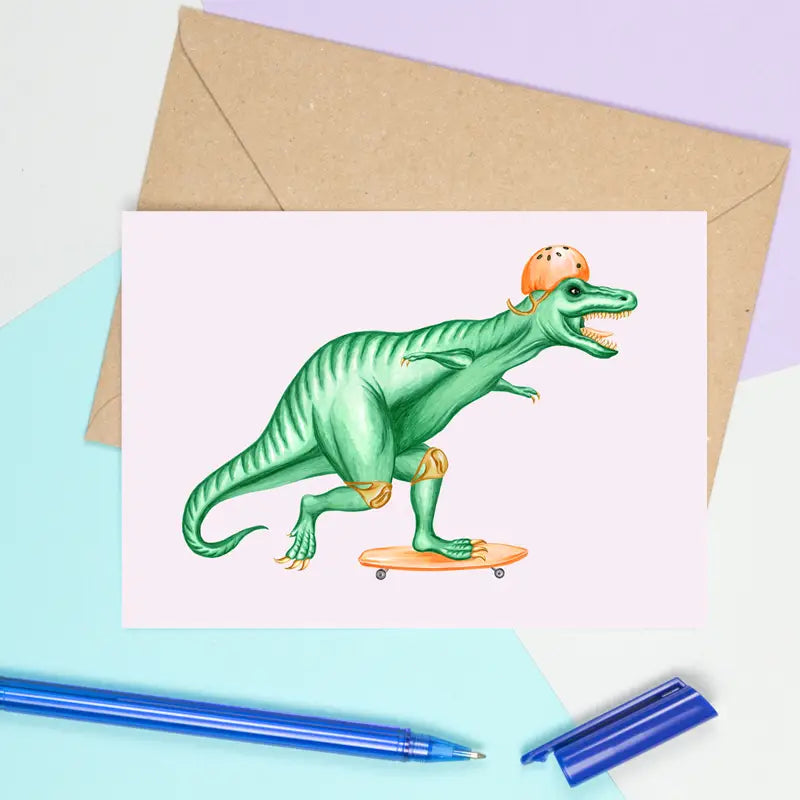 a greeting card with a t rex riding a skate board