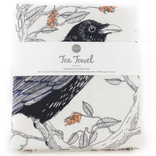Load image into Gallery viewer, a white kitchen tea towel featuring a black raven 

