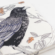 Load image into Gallery viewer, a white coloured kitchen tea towel featuring a black raven 
