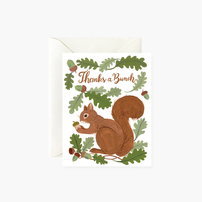 illustration of a brown squirell with an acorn amidst green oak leaves on a soft white backdrop
