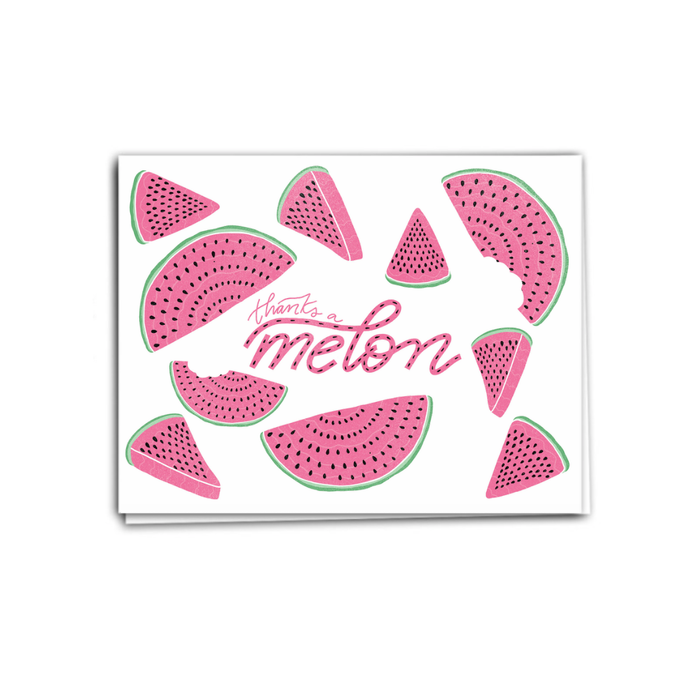 an illustration of slices of watermellon fruit in pink and green with thanks a mellon  in script white background
