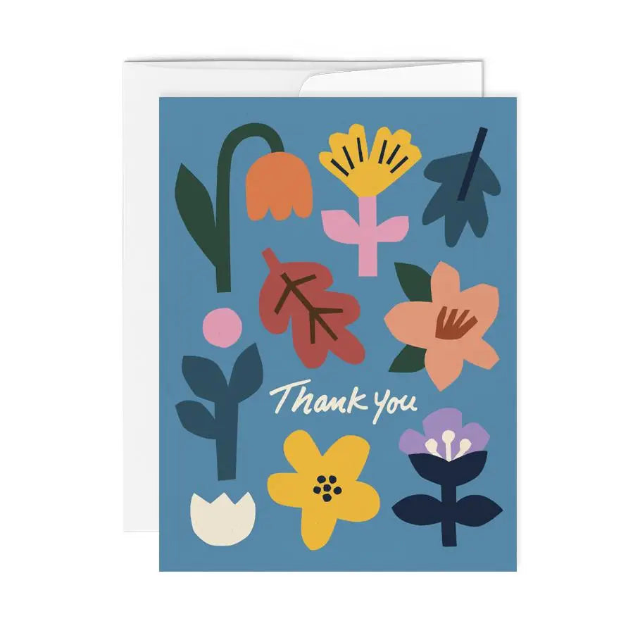 colourful illustration of modern flowers with thank you in text on front of blue backdrop