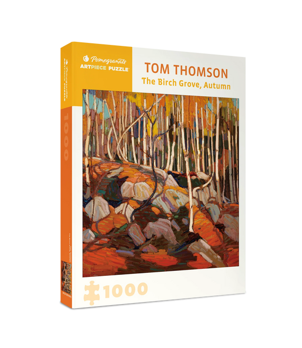 jigsaw puzzle box of tom thompson art the birch grove autumn with tress and rocks in oranges and golden colours 