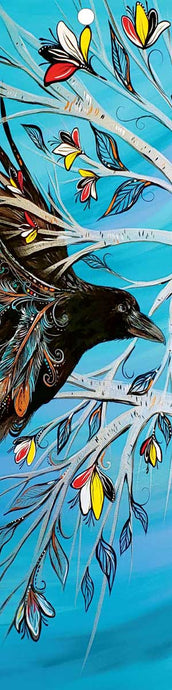 colour Indigenous illustration of a black raven amidst branches with flowers 