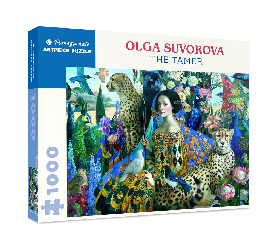 a jigsaw puzzle depicting a woman in ornate cloting with a trianing crop surrounded by exotic animals, cheetahs, parrots, birds, flowers 