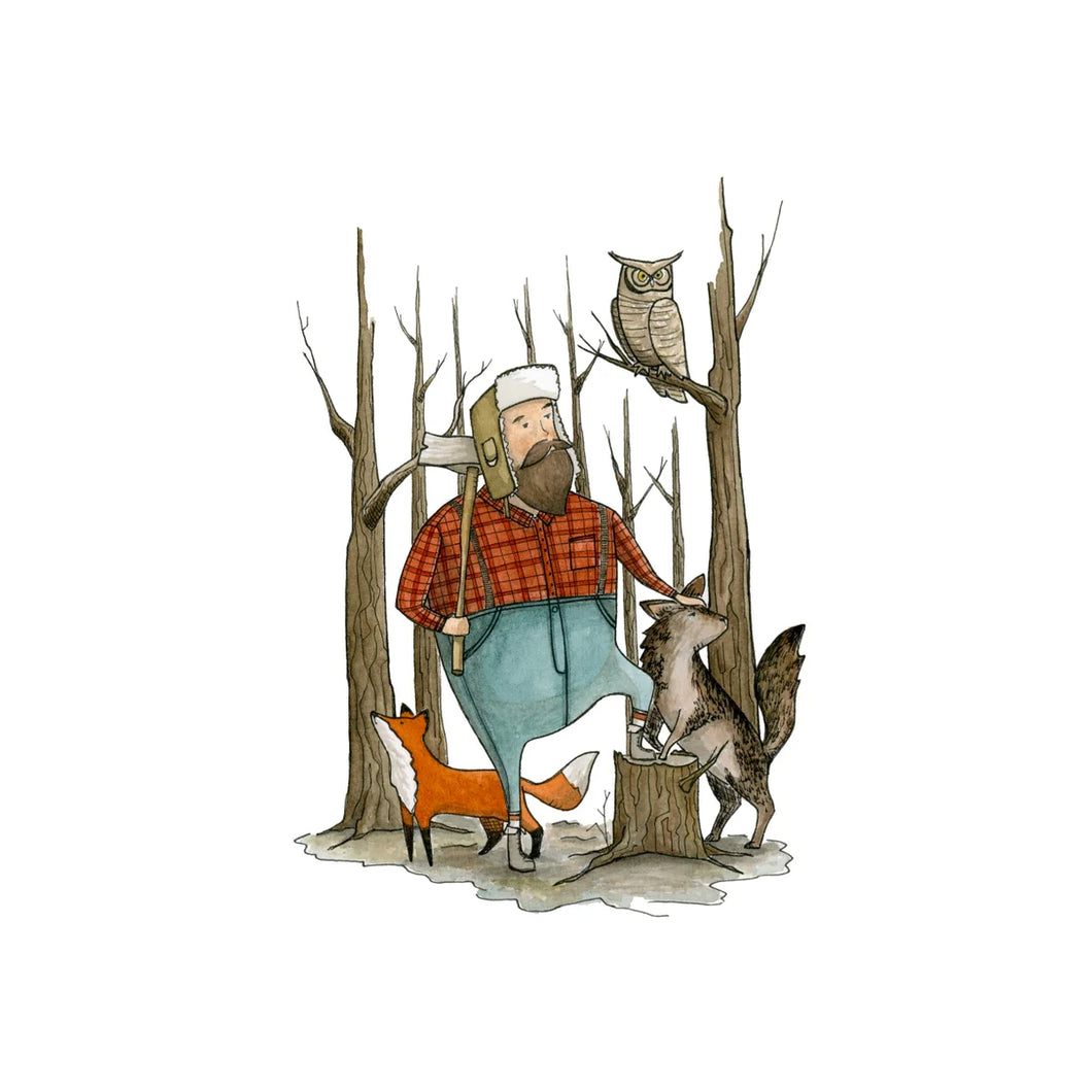 colour illustration of a woodsman or lumberjack with a fox owl and wolf in the forest