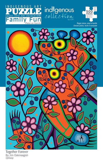 a 500 piece jigsaw puzzle with Indigenous art of two bears flowers and a sun 