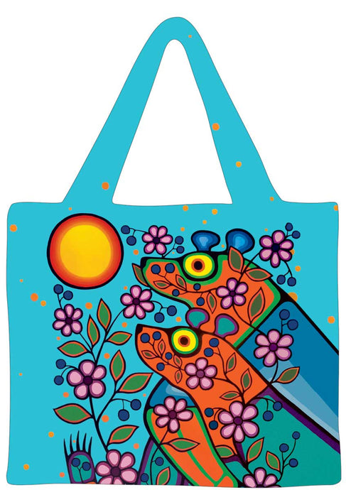 a shopping tote featuring 2 Indigenous art bears and flowers 