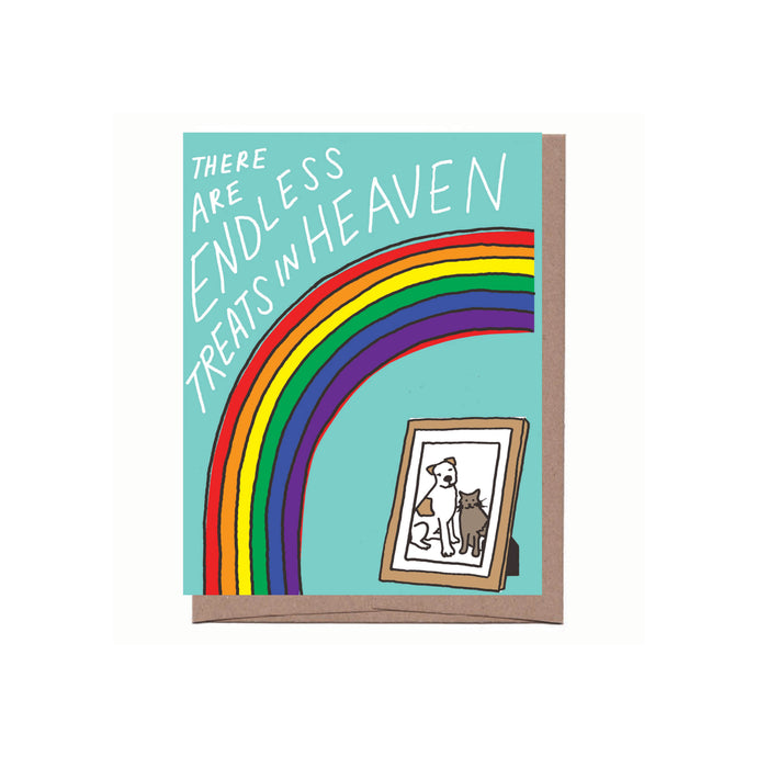 an illustration with a picture frame has a dog and a cat in it with a colourful rainbow going across on a soft turquoise back ground says there are endless treats in heaven