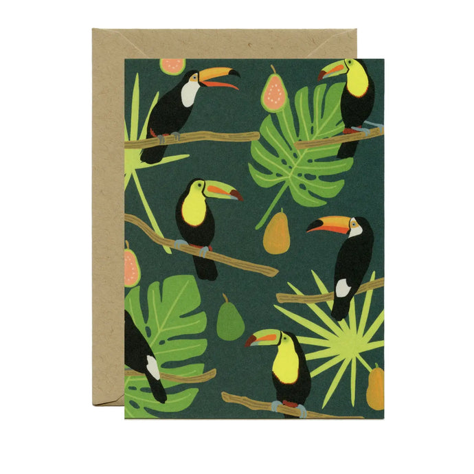a greeting card with illustraion of several tucan birds and large monstera leaves and pears on a green backdrop 