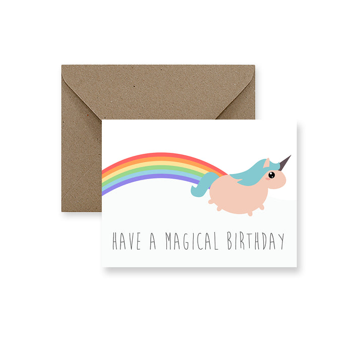 a photo of a greeting card with a little unicorn and it''s tail is a rainbow. text have a magical birthday 