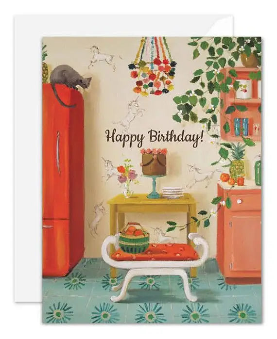 a greeting card featuring an art illustration of a vintage style kitchen with unicorn wallpaper. text happy birthday 