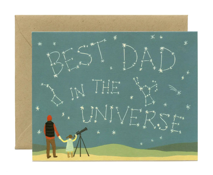 greeting card with a dad and child looking up to the stars with a telescope. text written in the stars best dad in the universe 