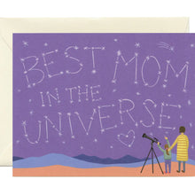 Load image into Gallery viewer, a greeting card illustration of a mother and child looking into the night sky with the text in the stars best mom in the universe 
