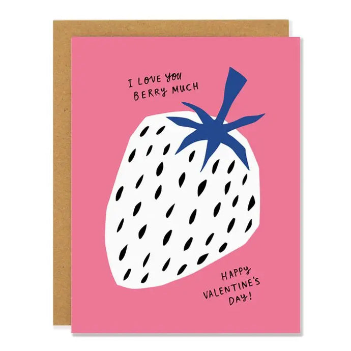 a pink coloured greeting card with a white strawberry and blue stem text i love you berry much happy valentines day 