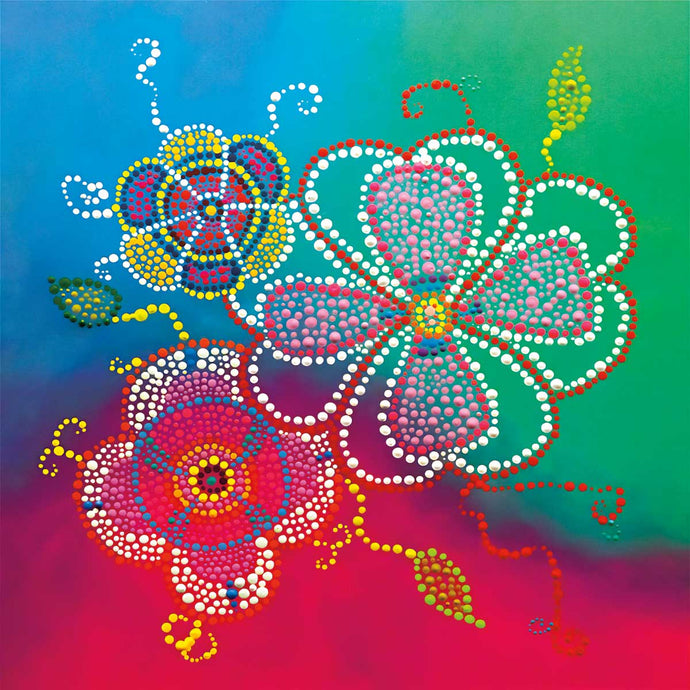 a colour greeting card by Indigenous artist Donna the strange Langhorne. depicting 3 beaded flowers in a Métis style 