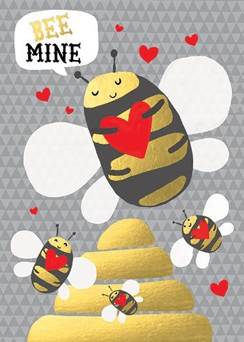 a valentine greeting card with cute bees holding red hearts buzzing around a bee hive. text. bee mine 