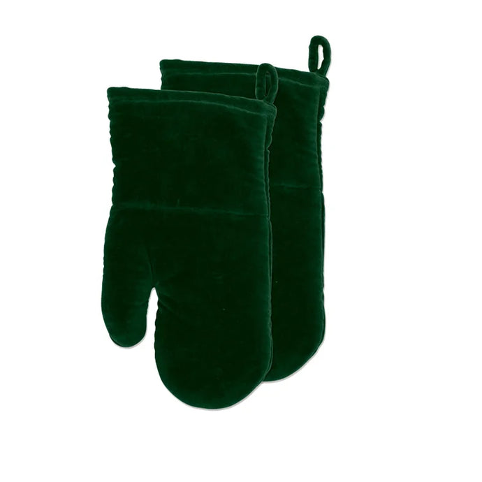 a fancy and luxurious dark green pair of velvet oven mitts